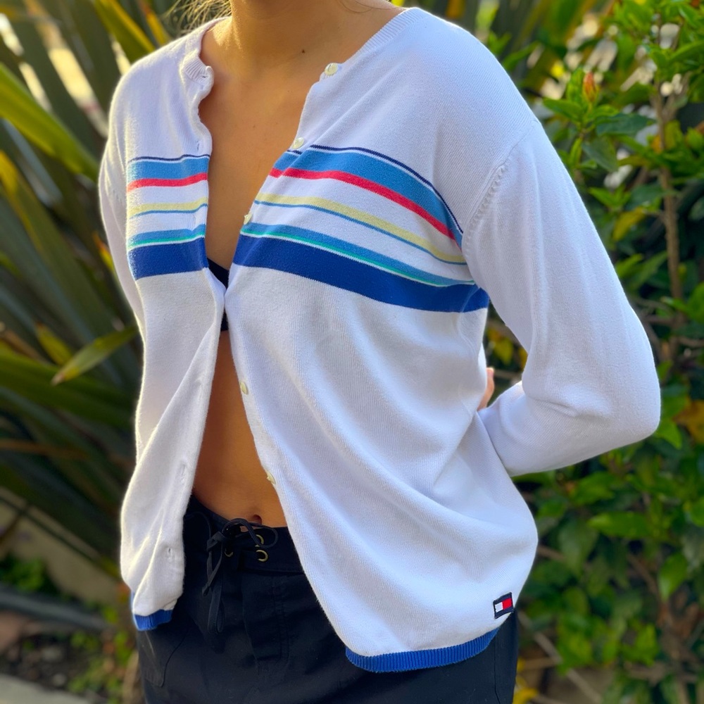 TOMMY HILFIGER CENTER STRIPED WOMENS CARDIGAN